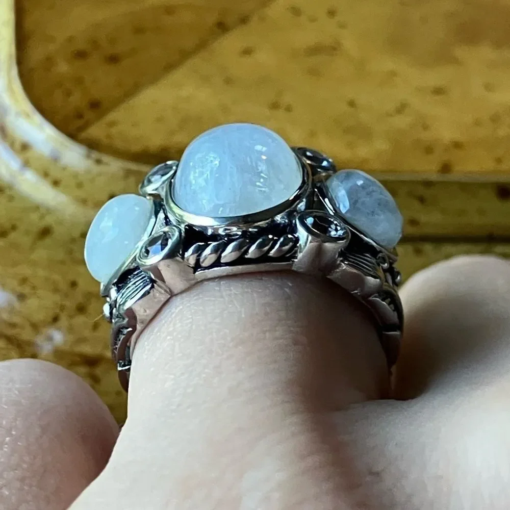 Natural Rainbow Moonstone White Topaz Sterling Silver Ring Size 7